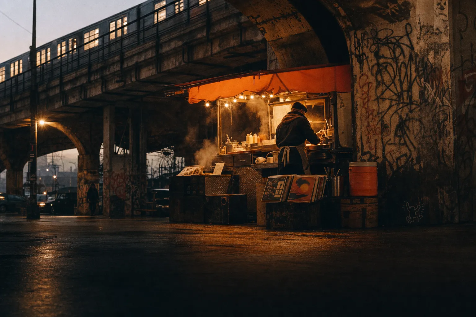 Warm 35mm film still at dusk: a street food stall tucked under a graffiti-covered railway bridge, an elevated metro train passing overhead, steam rising under a glowing orange awning while a vendor works the stall. Evokes the hands-on, low-and-slow patience of building your own thing in public.