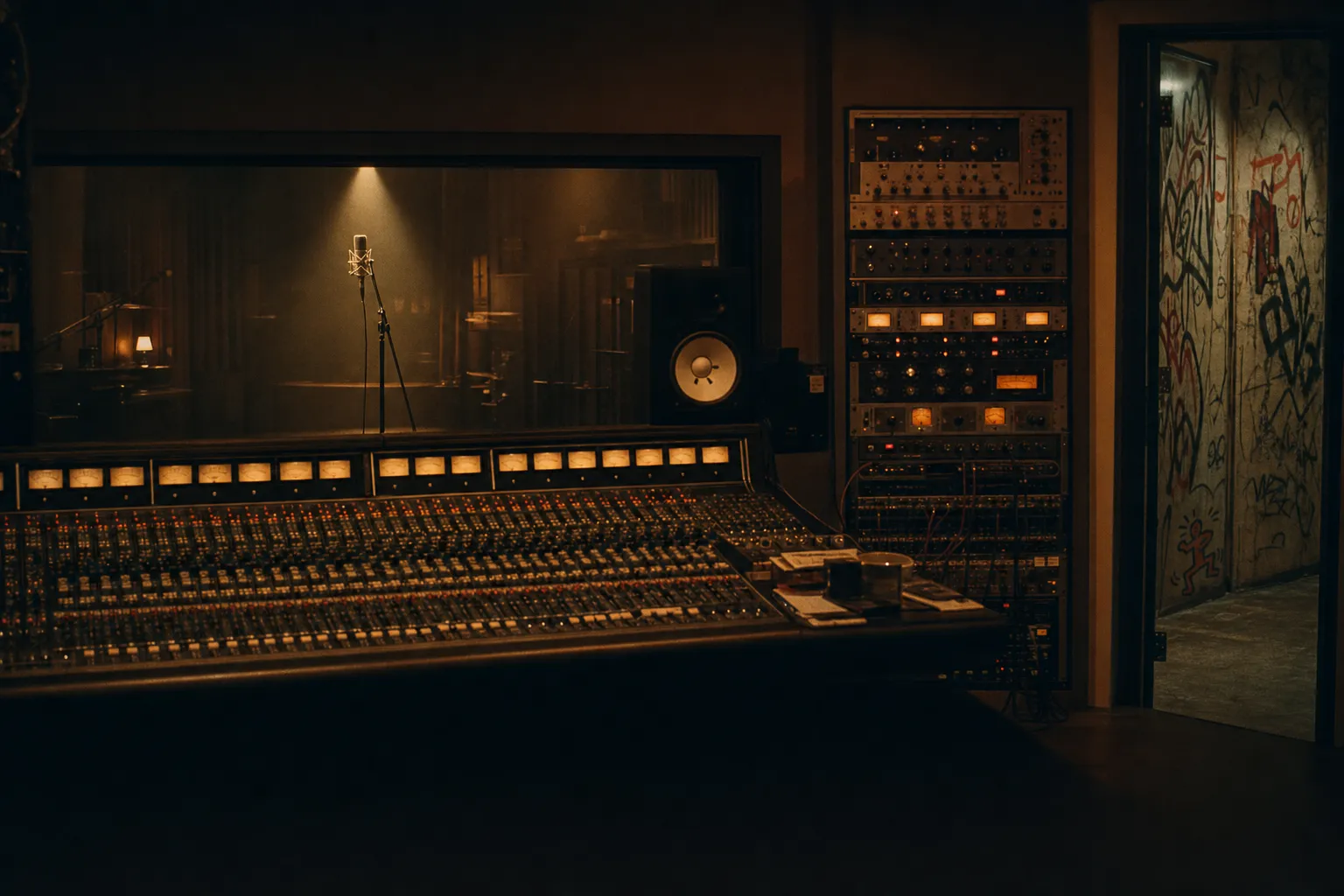 Warme 35mm filmstill van een analoge studio-regiekamer: een groot mengpaneel met oplichtende VU-meters op de voorgrond, en door het glas één klein, eenzaam microfoontje in een spotlicht. De prompt is de zanger, de context is de mix.