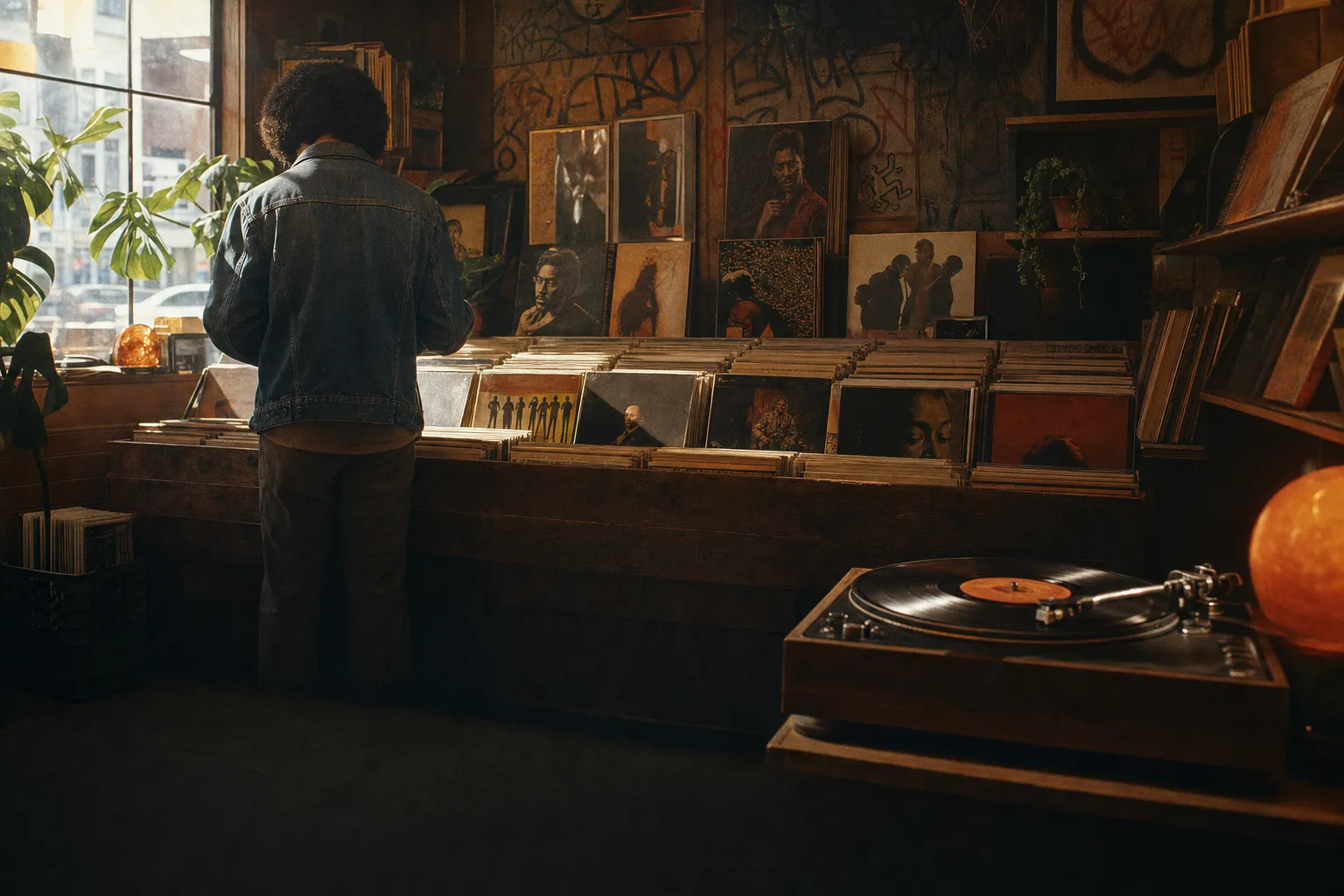 Warm 35mm film still of a 1970s record shop: a person seen from behind digs through crates of vinyl while a turntable plays beside them, soul and funk sleeves on display and a graffiti-tagged wall behind. Evokes how every 'new' search discipline is the same song, remastered, not rewritten.